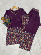 Teeya Creation Wine Floral Printed Short Kurta With Straight Pants Co-Ord Set | Grocsy