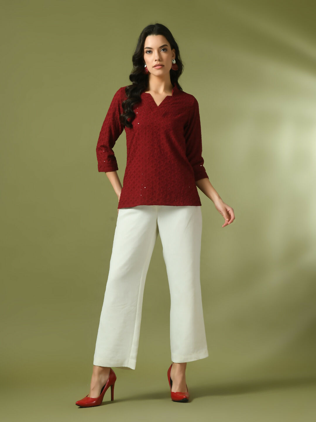 Myshka Women's Maroon Embellished Cotton Regular Party Tunic | Grocsy