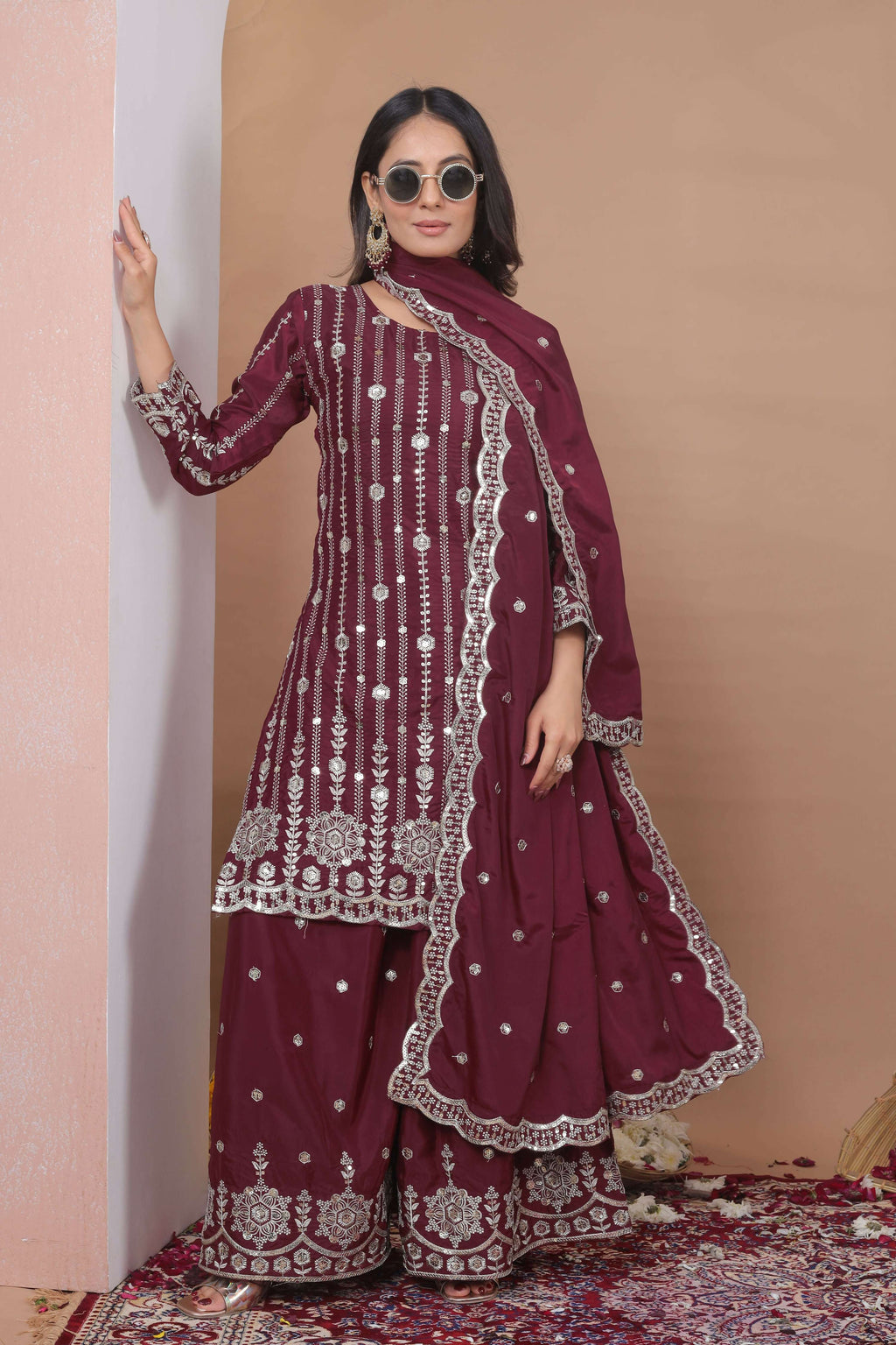 The52 Women's Gorgeous Embroidery Work Natural Crep Fabric Straight Kurta Sharara and Dupatta Set | Grocsy
