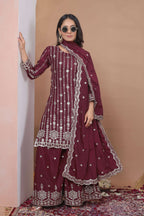 The52 Women's Gorgeous Embroidery Work Natural Crep Fabric Straight Kurta Sharara and Dupatta Set | Grocsy