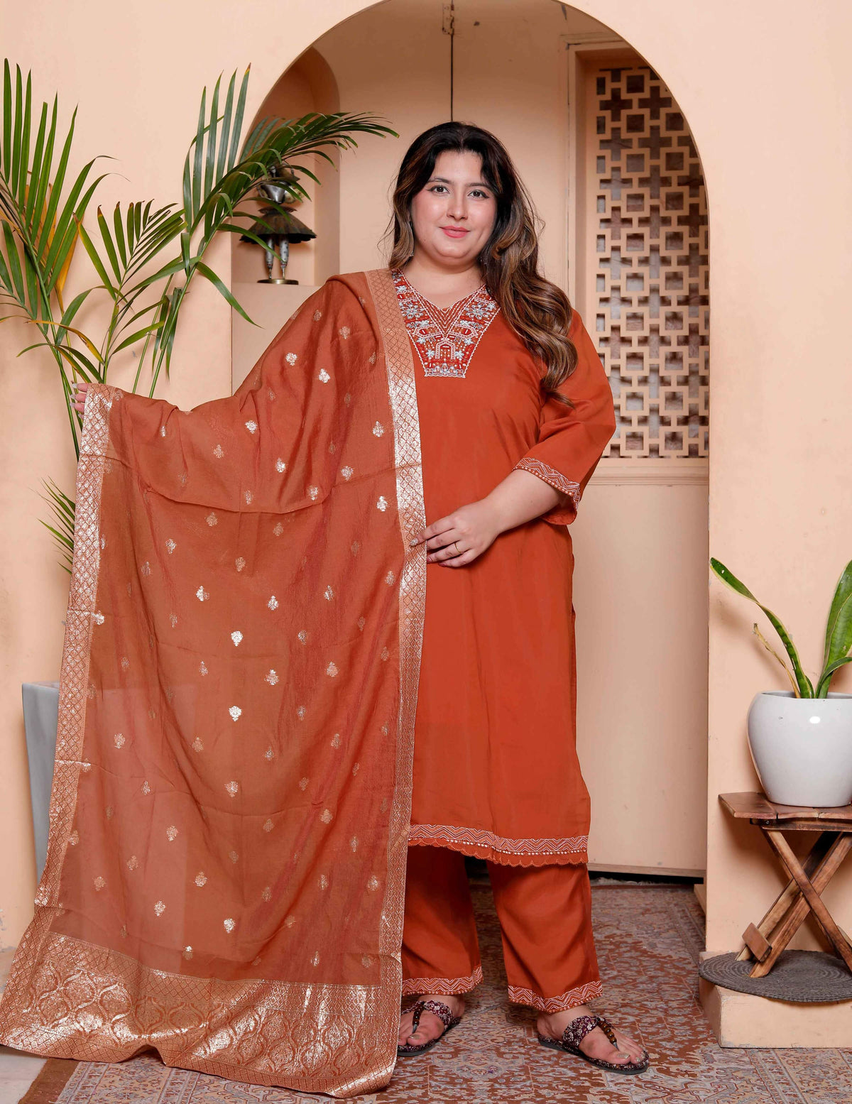 Miravan Women's Plus Size Orange Embroidered Straight Kurta with Palazzo and Dupatta set | Grocsy