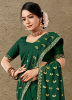 Green Georgette Embroidered Saree with Unstitched Blouse Piece - Avika | Grocsy