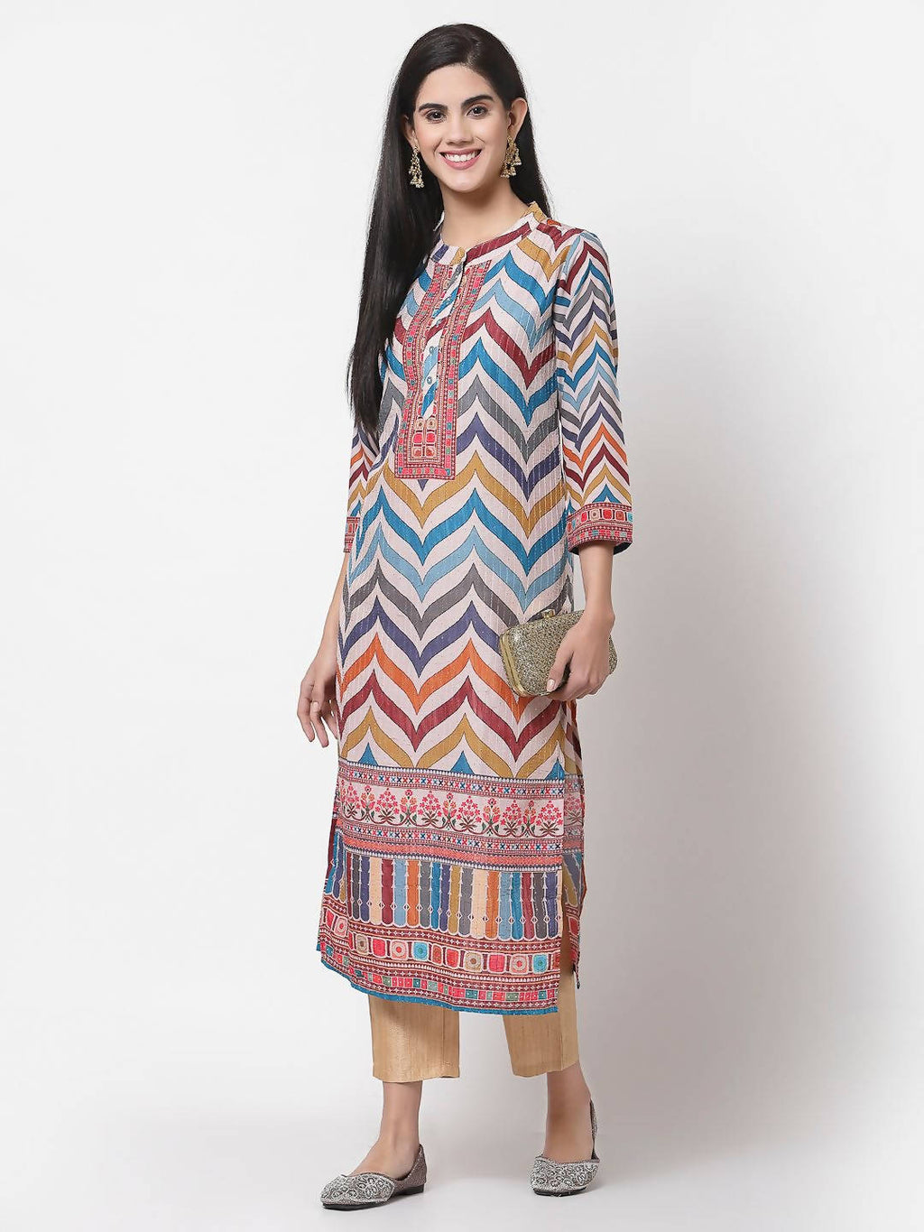 Myshka Multi Silk Printed 3/4 Sleeve Round Neck Casual Kurta | Grocsy