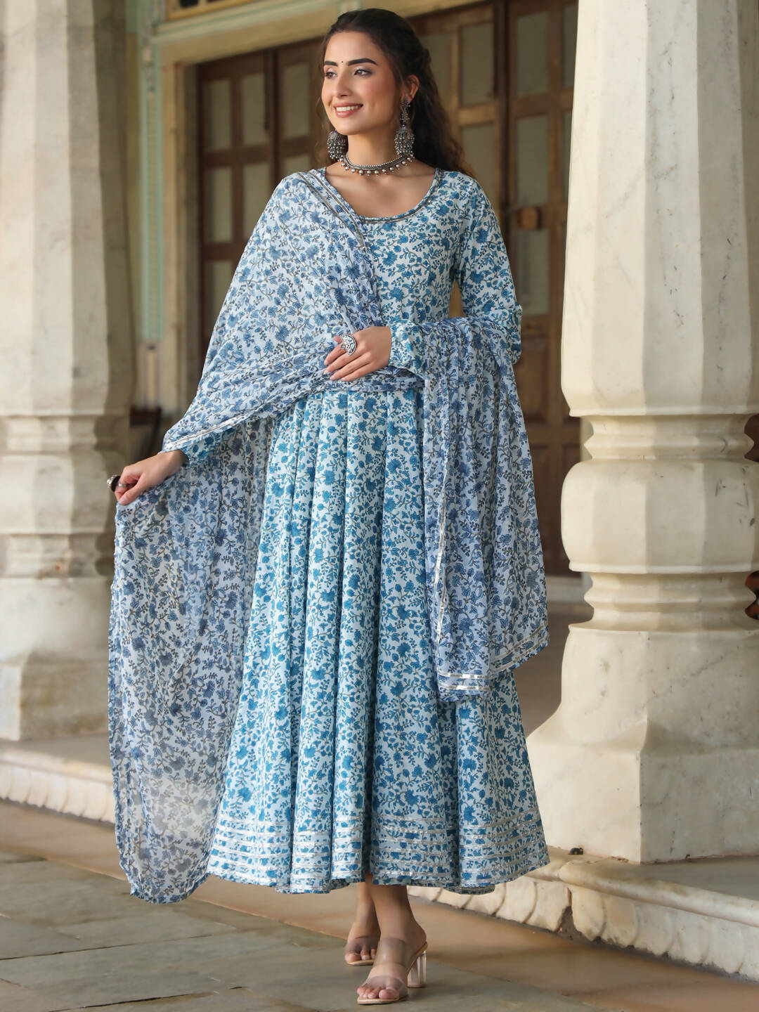 Juniper Women's Blue Cambric Floral Printed Circular Kurta Dupatta Sets | Grocsy