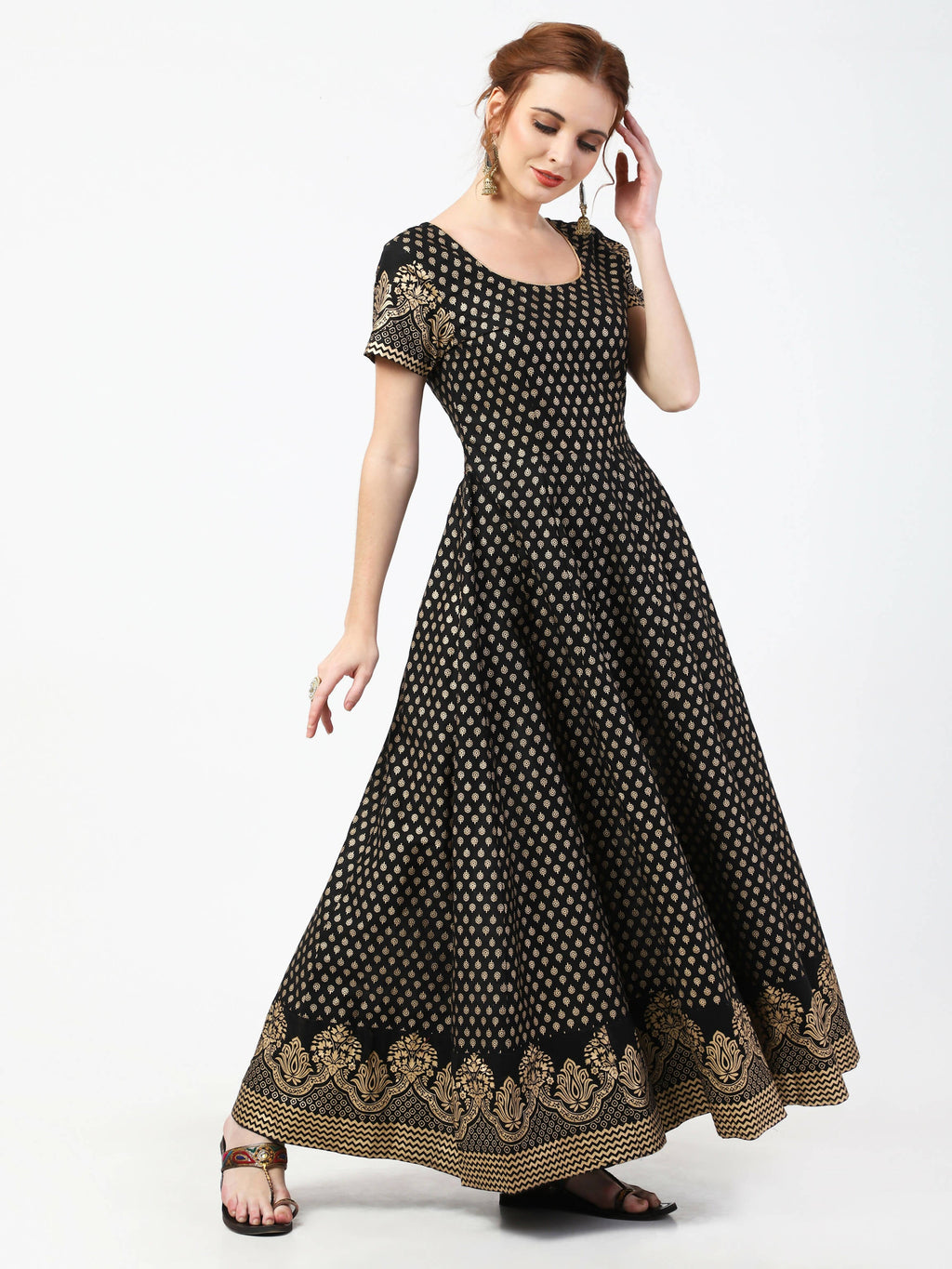 Cheera Women's Black Cotton Hand Block Print Long Dress With Silk Dupatta Set | Grocsy