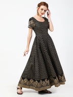 Cheera Women's Black Cotton Hand Block Print Long Dress With Silk Dupatta Set | Grocsy