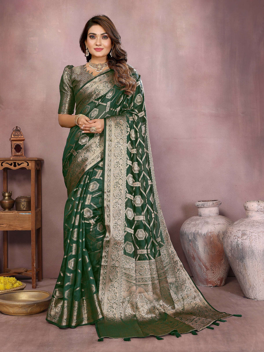 Aastha Fashion Green Soft Organza Silk Weaving Saree | Grocsy