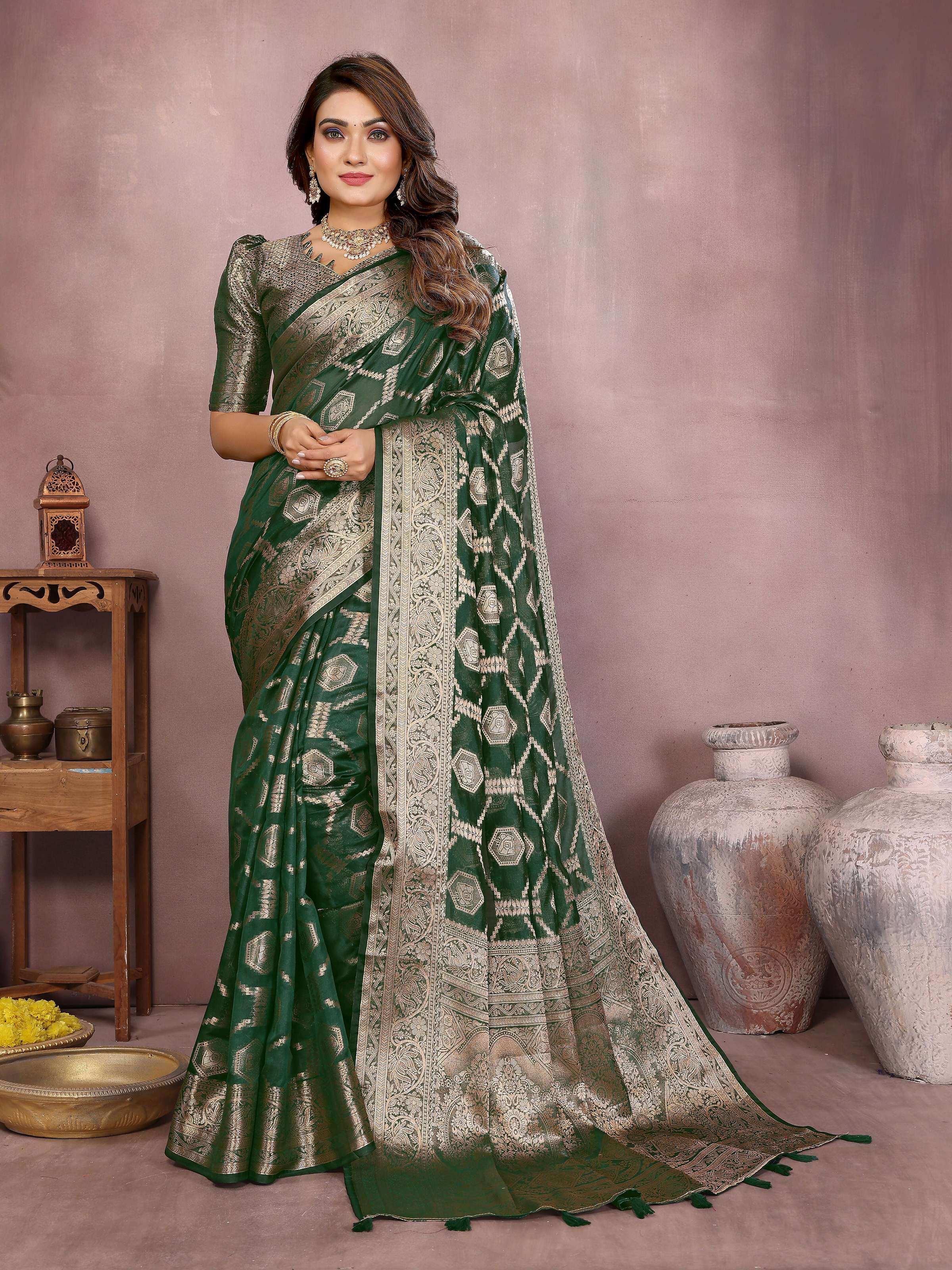 Aastha Fashion Green Soft Organza Silk Weaving Saree | Grocsy