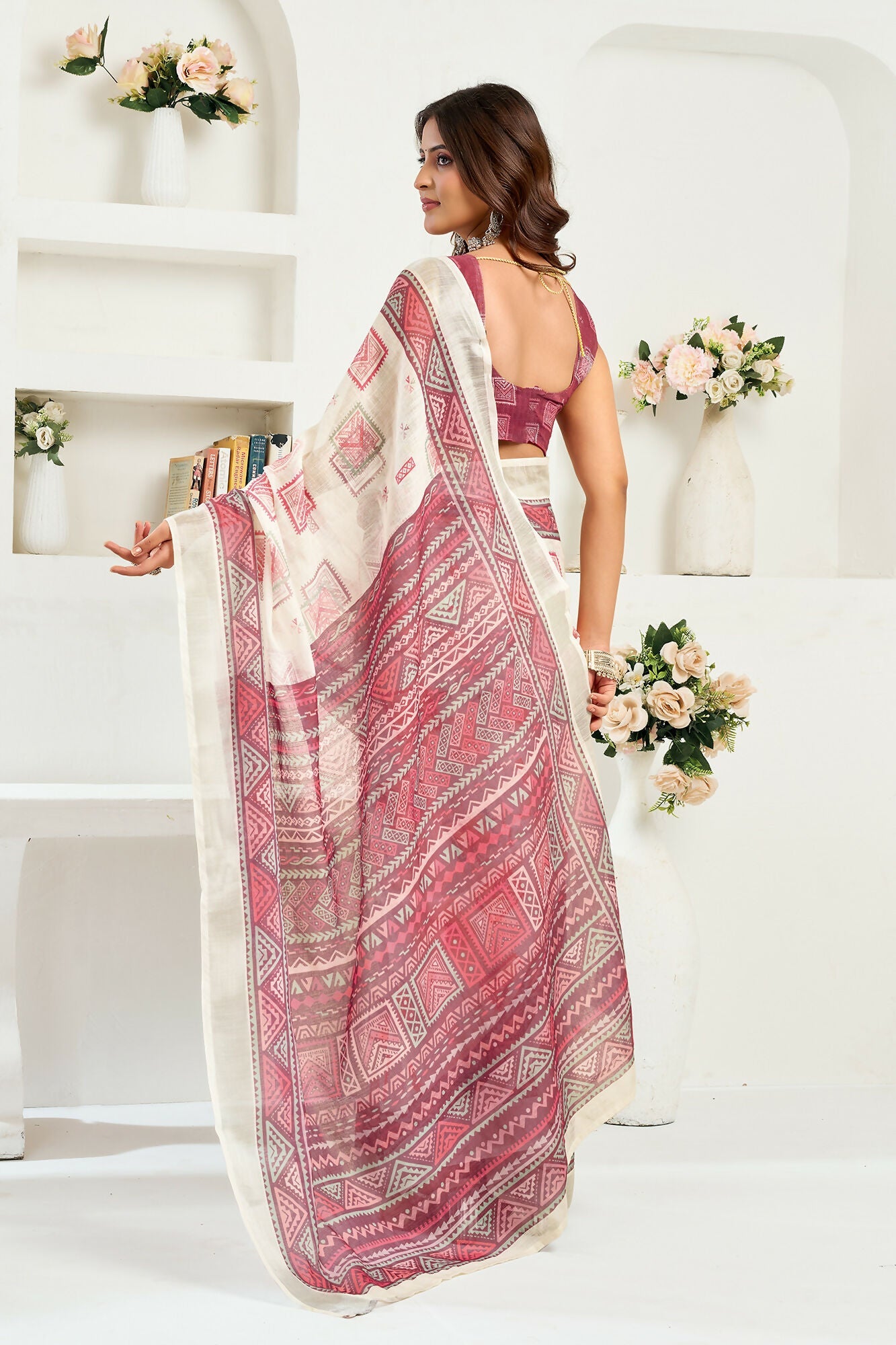 Vastranavya White Maroon Digital Printed Linen Ready To Wear Designer Saree with Unstitched Blouse | Grocsy