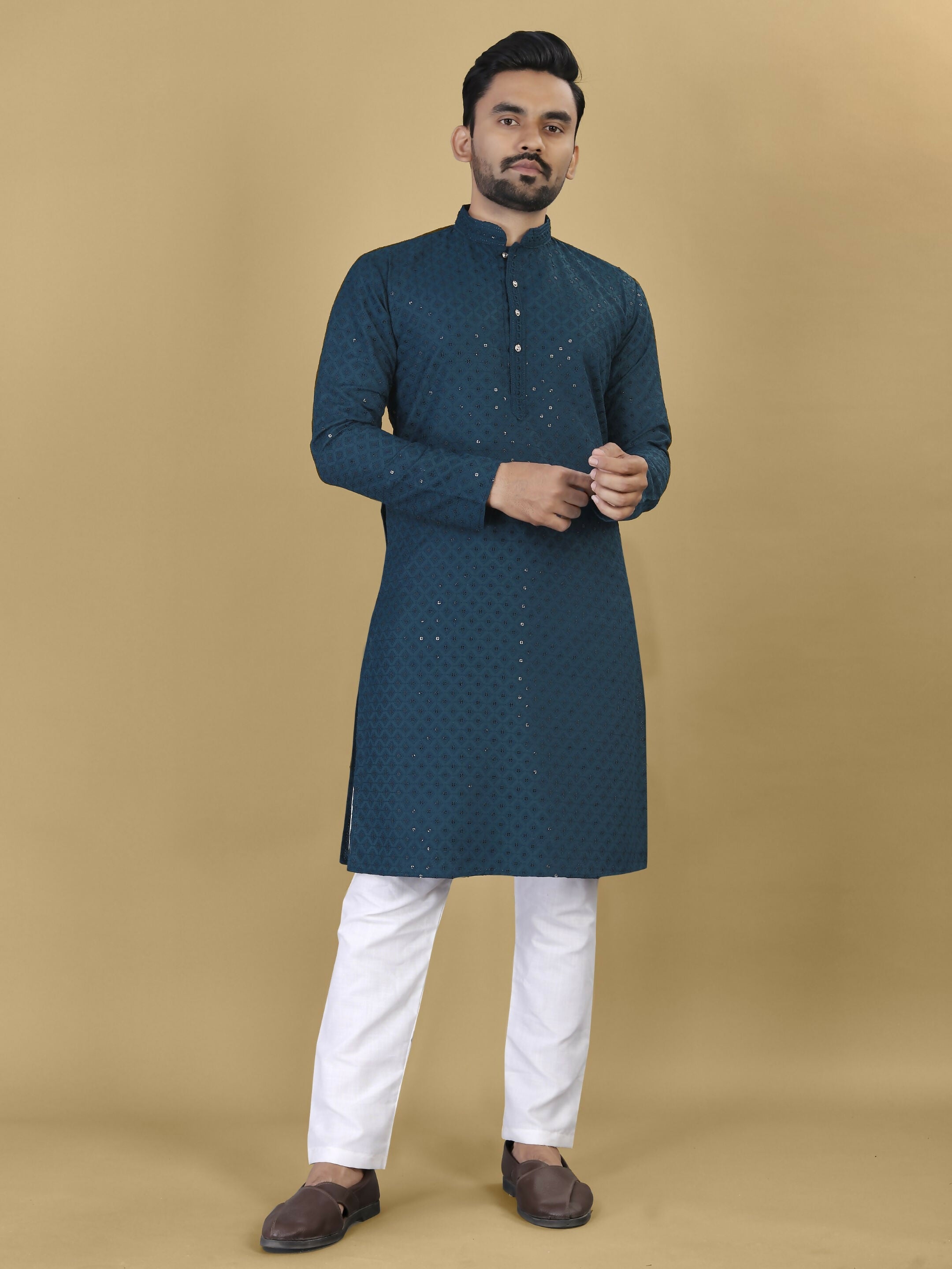 Anaita Teal Embroidered Rayon Straight Kurta | Grocsy