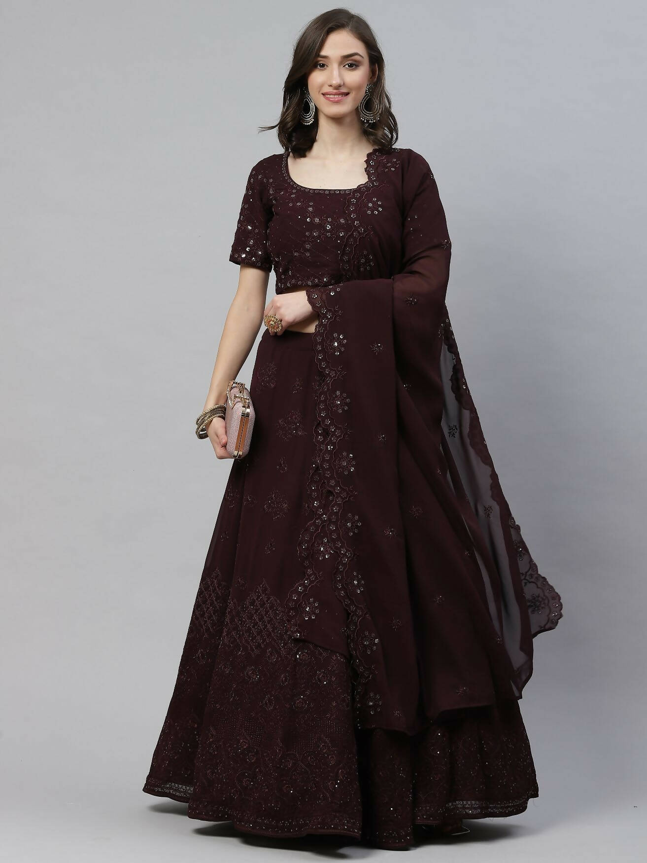 Purple Georgette Thread with Sequins Embroidered work Lehenga Choli with Dupatta - Jivika | Grocsy