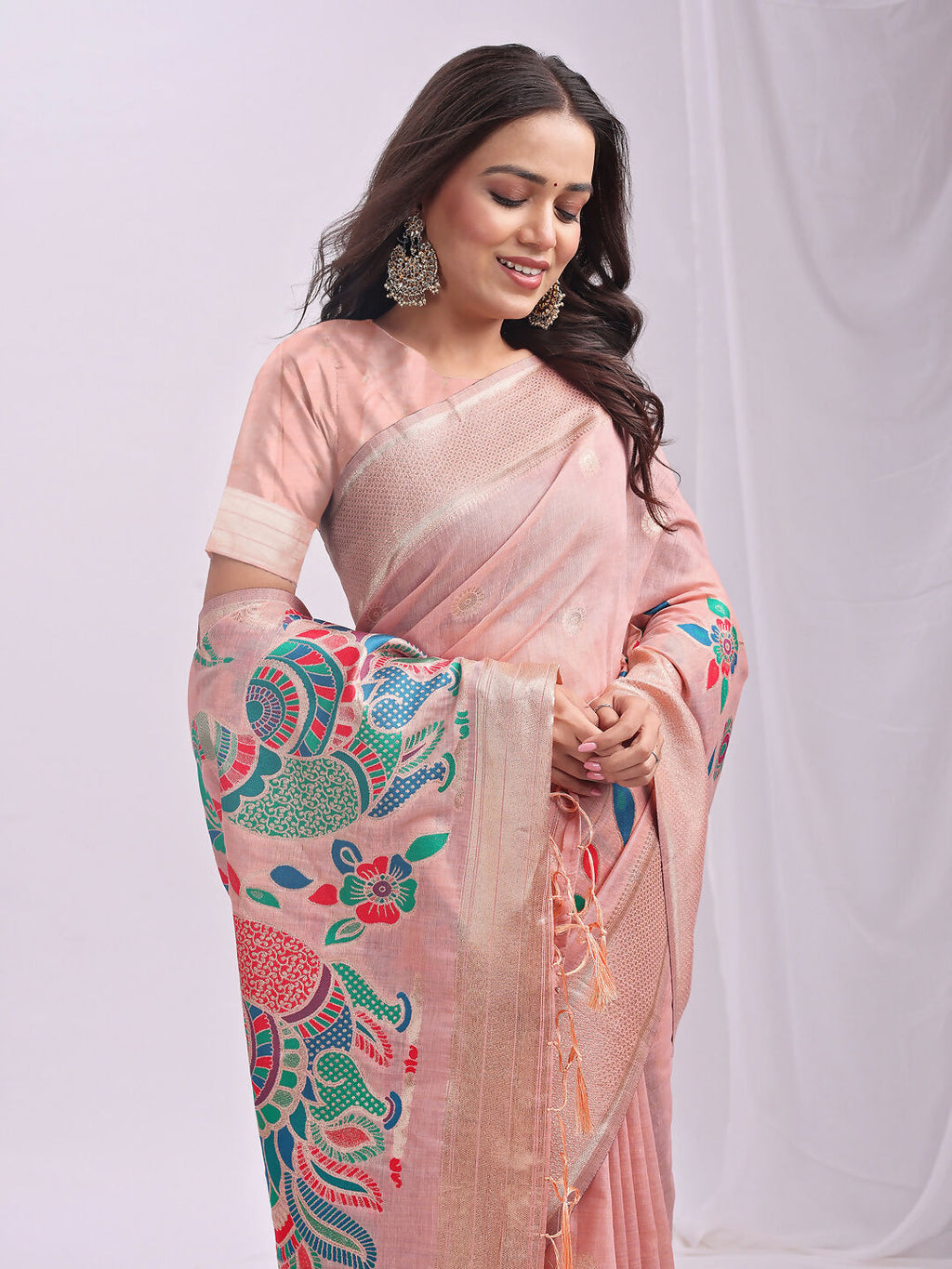 Shree Shyam Fashion Linen Cotton Peach Saree | Grocsy