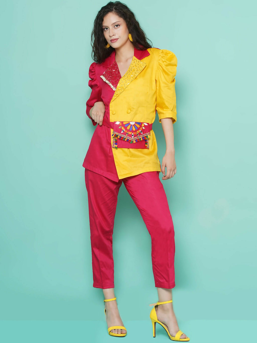 Women Republic Pink And Yellow Cotton Silk hand Embellished Coord set with Pouch | Grocsy