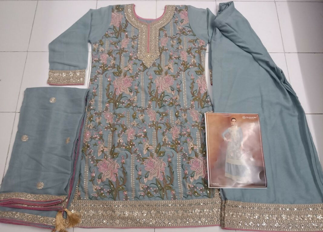 Vastranavya Grey Heavy Star Georgette Embroidered Sequins & Mirror Work Classy Pakistani Palazzo Suit | Grocsy