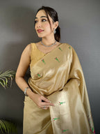 Joban Fashion Ivory Peacock & Floral Motifs Tissue Paithani Saree | Grocsy