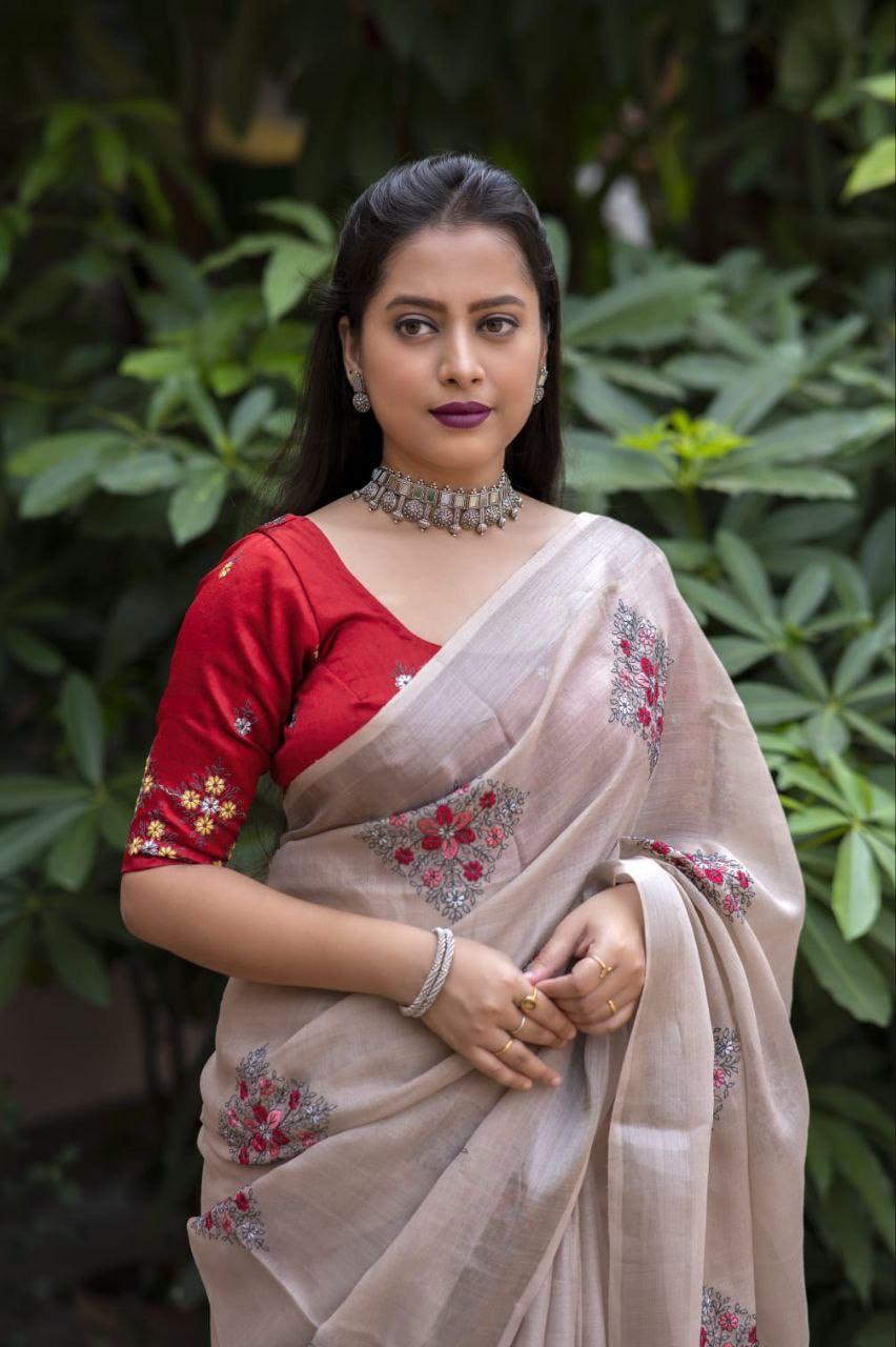 Fossil Pure Linen Ethnic Motifs Saree with Unstitched Blouse - A2M | Grocsy