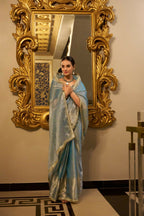 Vastranavya Sea Blue Tissue Shimmer Zari Weaving Work Saree with Unstitched Blouse | Grocsy