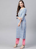 Yufta Women Blue & Pink Handblock Printed Pure Cotton Kurta with Trouser & Dupatta | Grocsy