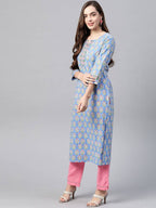 Yufta Women Blue & Pink Handblock Printed Pure Cotton Kurta with Trouser & Dupatta | Grocsy