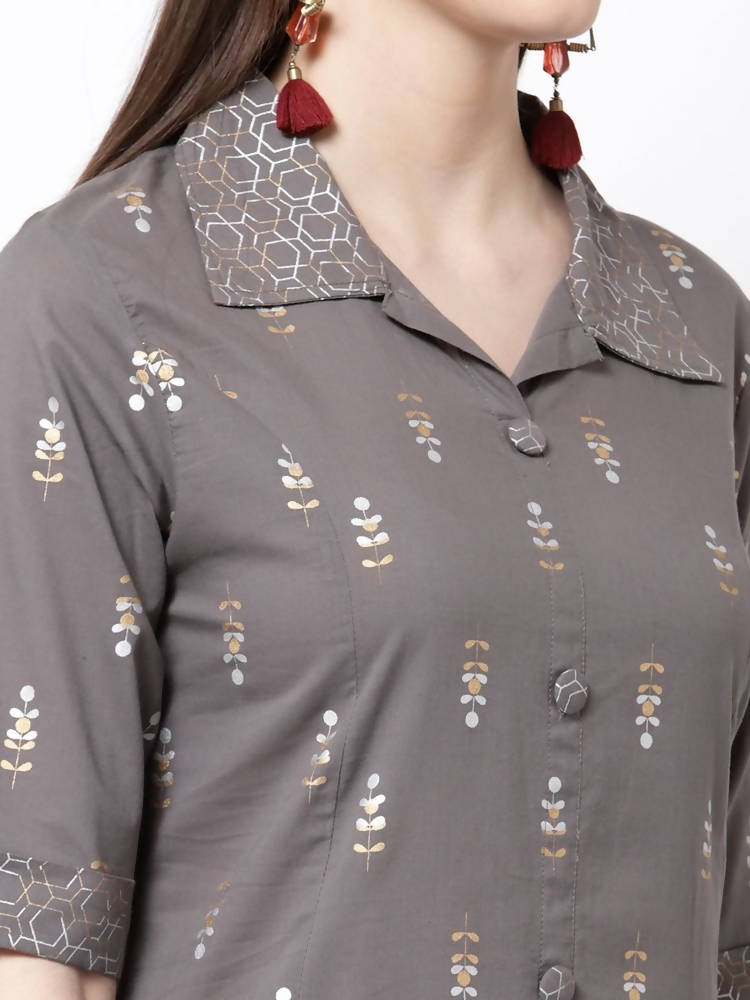 Myshka Grey Color cotton Printed Kurta With Palazzo Dupatta Set | Grocsy