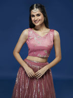 House of Panchhi Rose Gold Net Sequinse Work Lehenga & Blouse, Dupatta | Grocsy