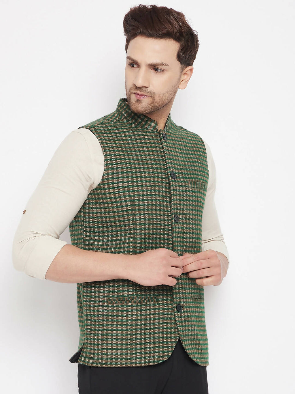 Even Apparels Green Wool Men Woven Nehru Jacket | Grocsy