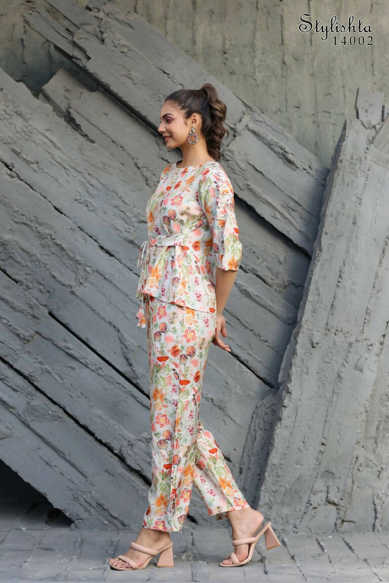 Women's Partywear Designer White & Multi Muslin co-ord set - Stylishta | Grocsy