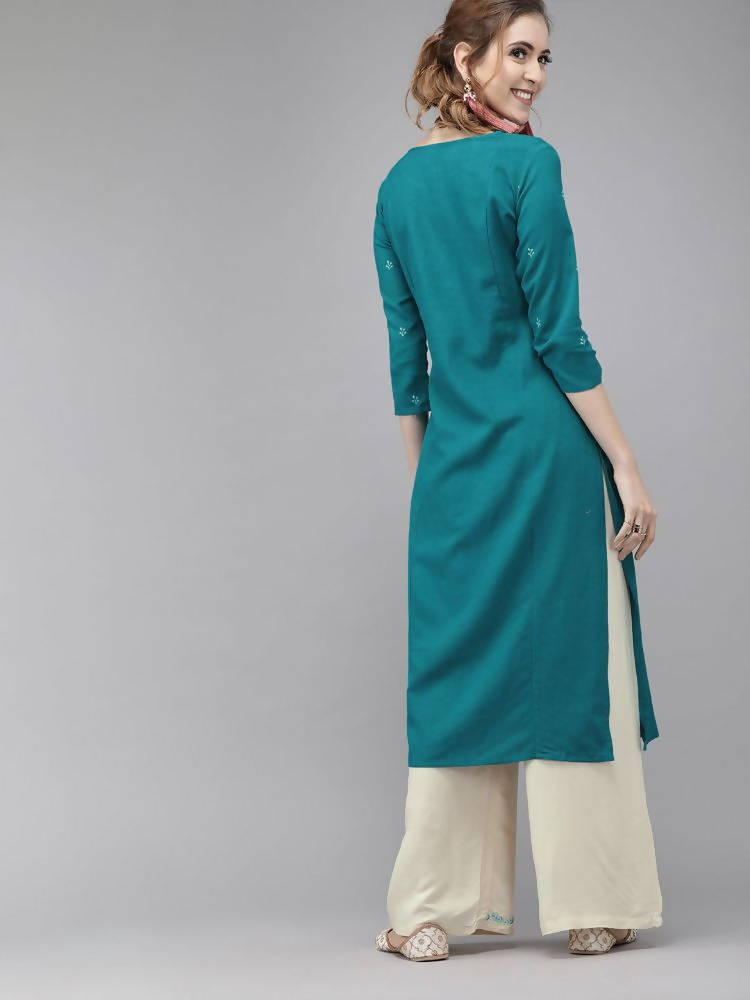 Yufta Women Green & Beige Embroidered Straight Kurta With Trouser | Grocsy