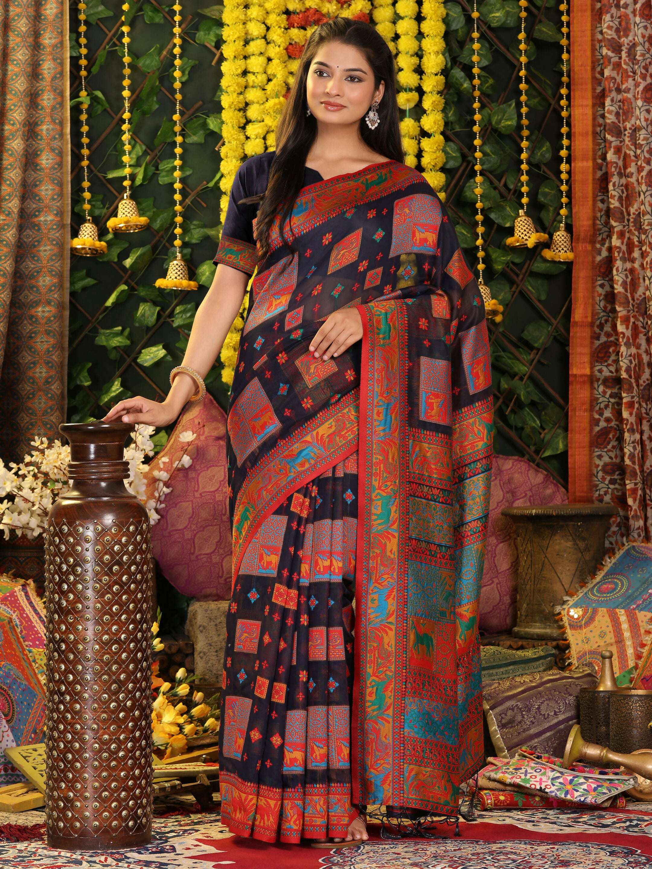 Shree Shyam Fashion Linen Cotton Navy Blue Saree | Grocsy
