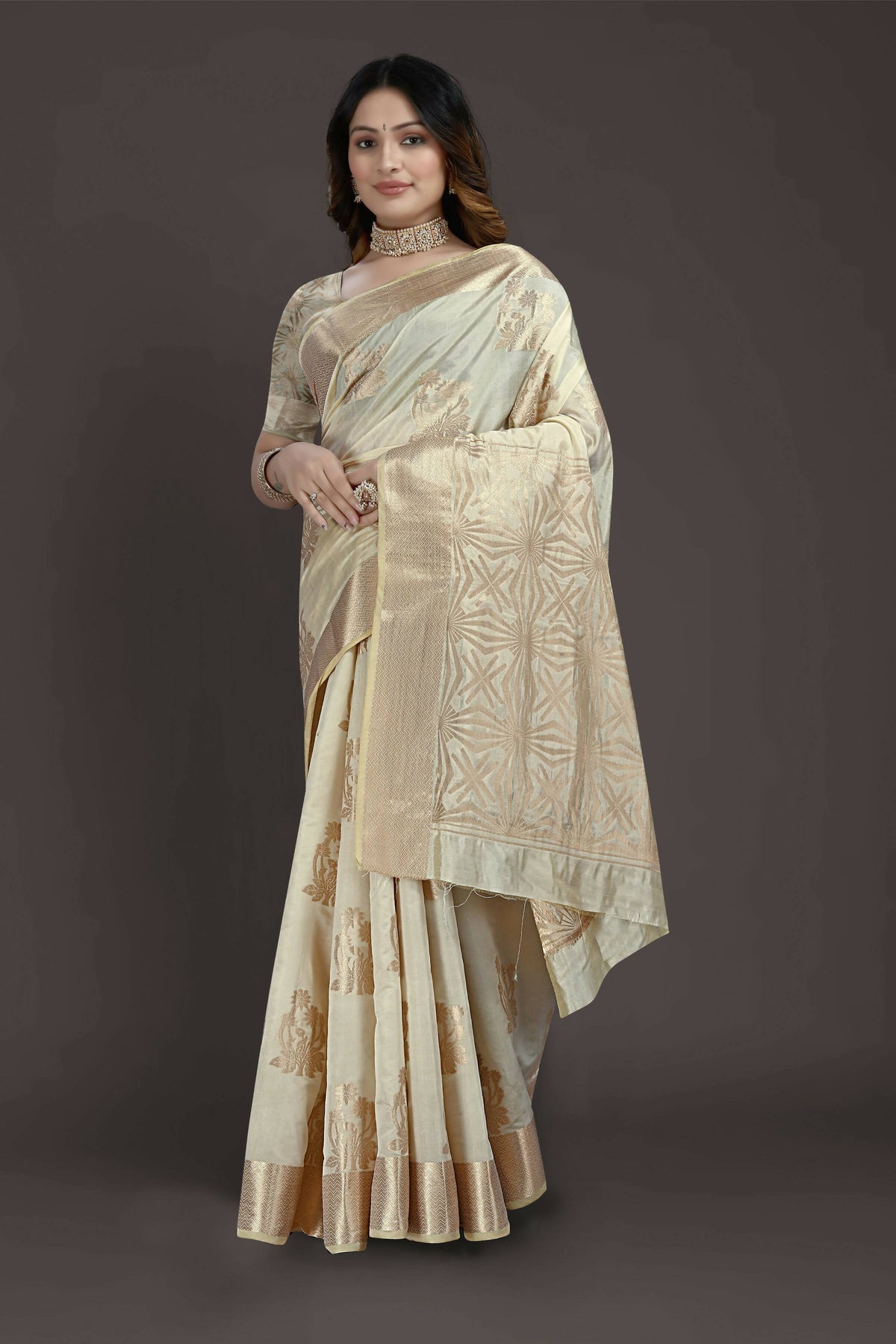 Off White Pure Raw Silk Zari Woven Saree with Unstitched Blouse Piece - Alisha | Grocsy