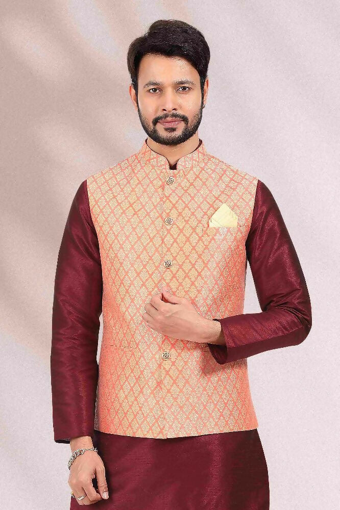 Raivat Ethnic Jacquard Banarasi Silk Woven Work 3 Pics Jacket Set In Peach Colour | Grocsy