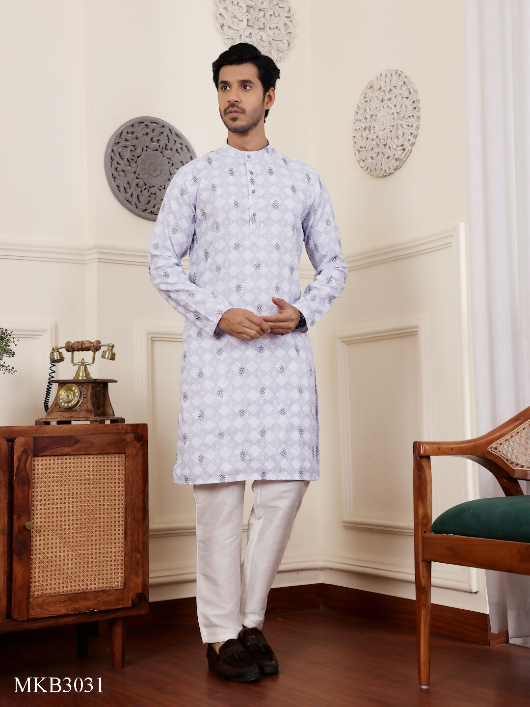 Light Purple Linen Designer Embroidery Work Men's Rajwadi Kurta Set - Mahotsav | Grocsy