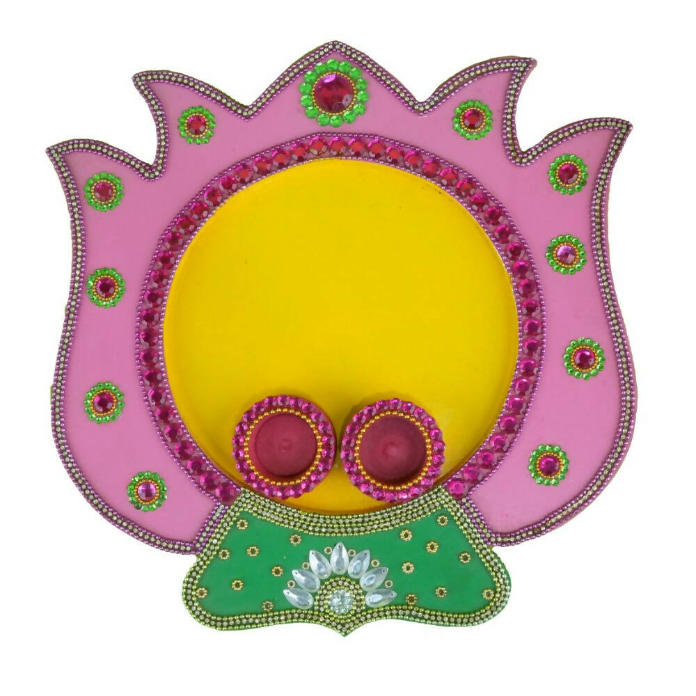 Kundan HandiKrafts Mdf Lotus Pooja Thalis - Baby Pink | Grocsy
