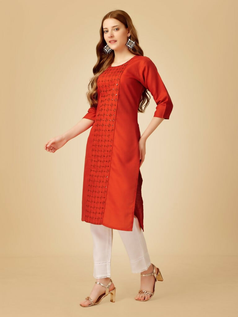 Jyoti Fashion Women's Rust Cotton Blend Embroidered Kurta Pant Set | Grocsy