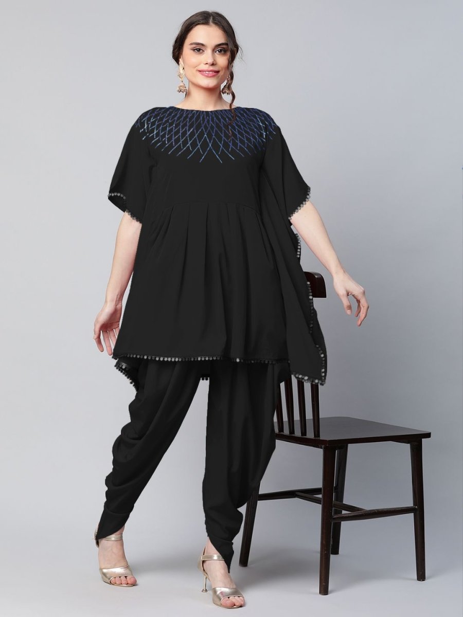 Ahalyaa Women Black Crepe Glitter Printed Kurta with Dhoti Pants | Grocsy