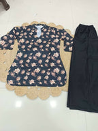 Teeya Creation Women Black & Beige Floral Printed Cotton Kurti with Black Wide-Leg Palazzo Set | Grocsy