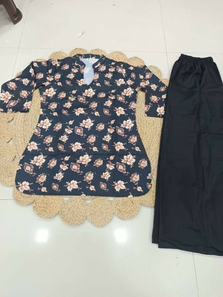 Teeya Creation Women Black & Beige Floral Printed Cotton Kurti with Black Wide-Leg Palazzo Set | Grocsy