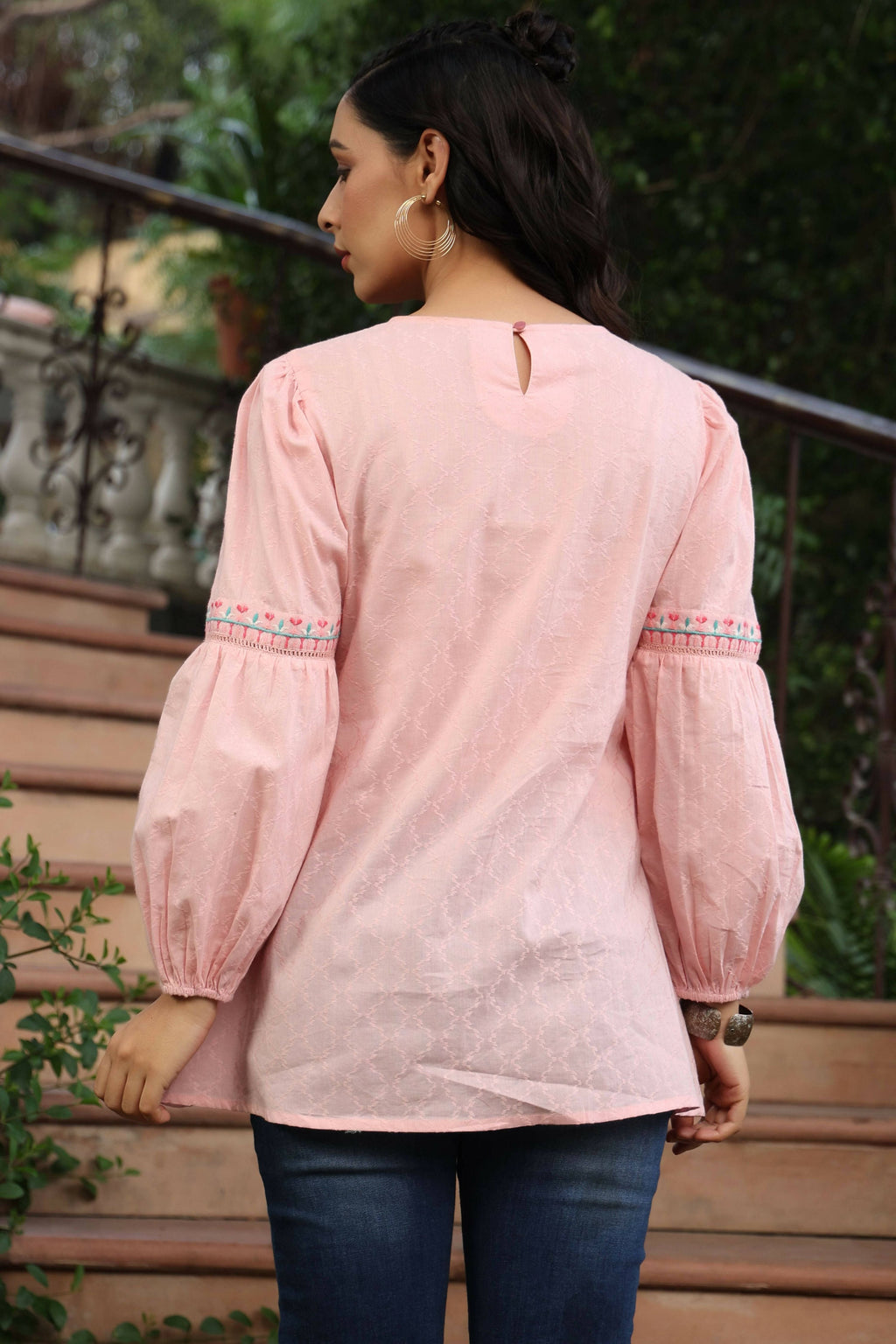 Juniper Women's Peach Cotton Dobby Solid Embroidered Straight Tunic | Grocsy