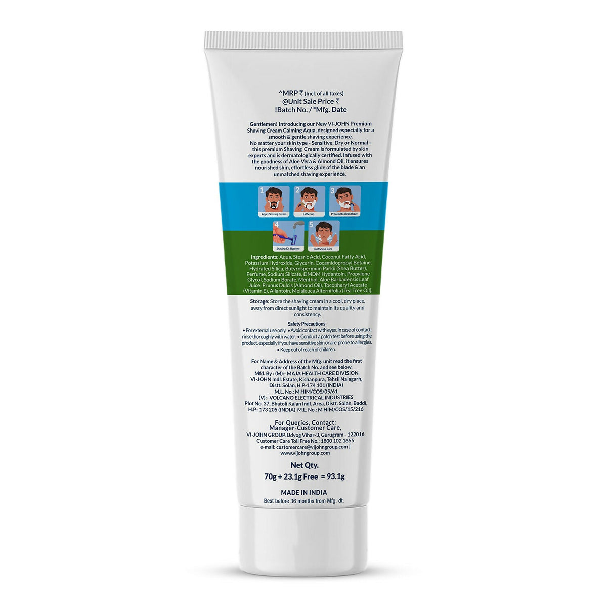 VI-JOHN Dermatologically Tested Premium Claming Aqua Shaving Cream Enriched with Aloevera & Almond Oil free From Silicone,Paraben & Mineral Oil | Grocsy