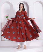 Miravan Women Rust Floral Printed Angrakha Kurta And Dupatta | Grocsy
