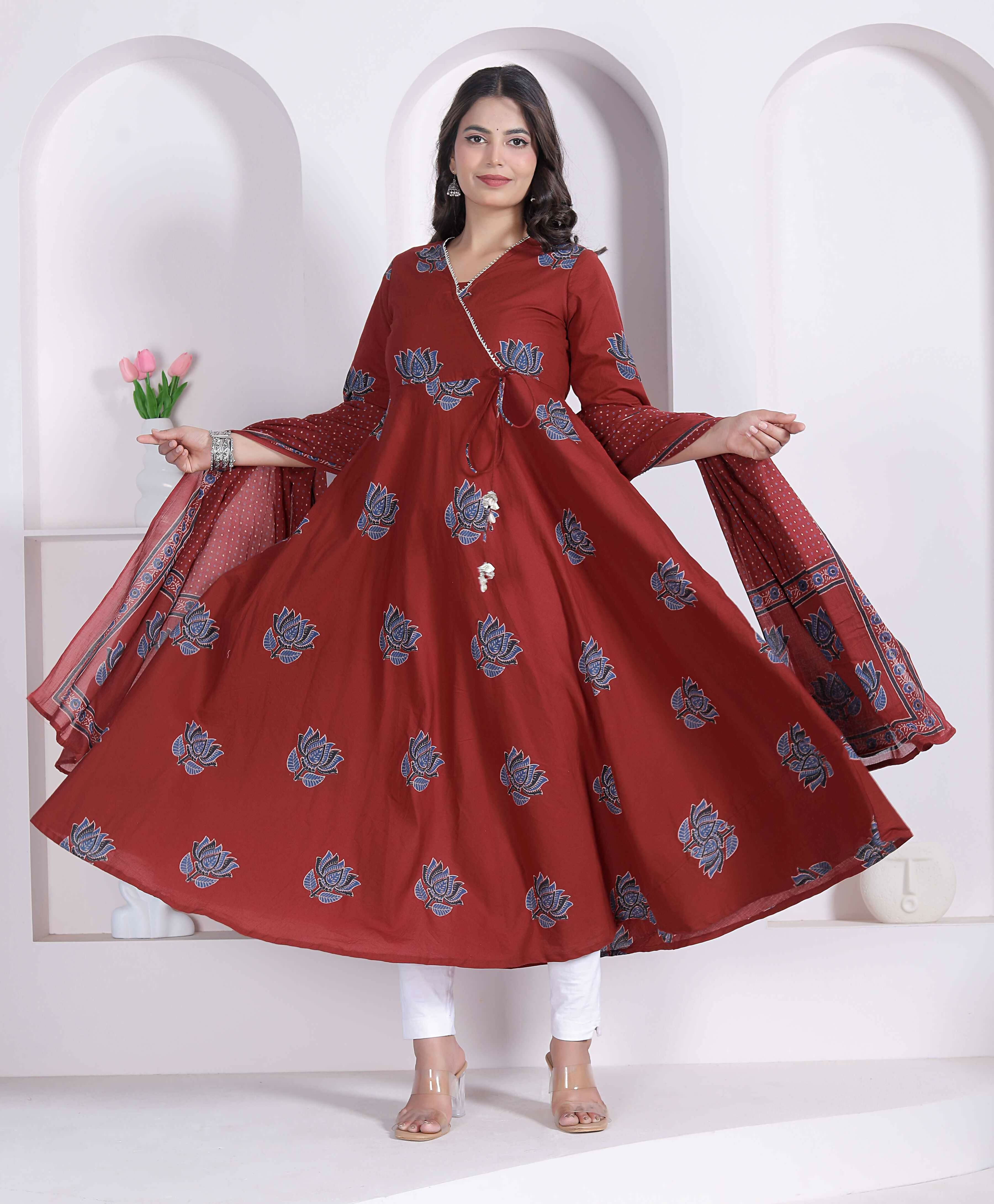 Miravan Women Rust Floral Printed Angrakha Kurta And Dupatta | Grocsy