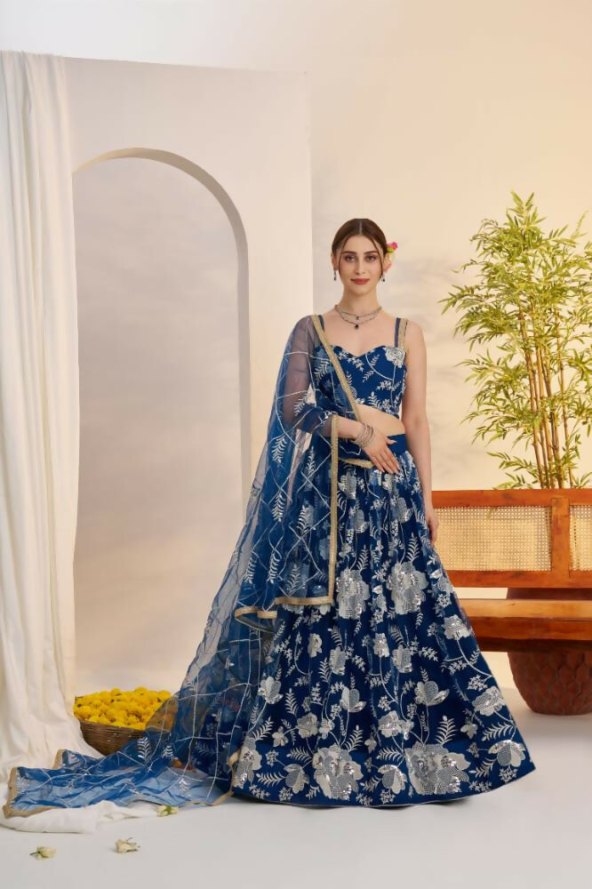 Aastha Fashion More Peach Blue Butterfly Net White Cotton Thread Work And Sequence Work Embroidery Wedding Wear Lehenga Choli | Grocsy