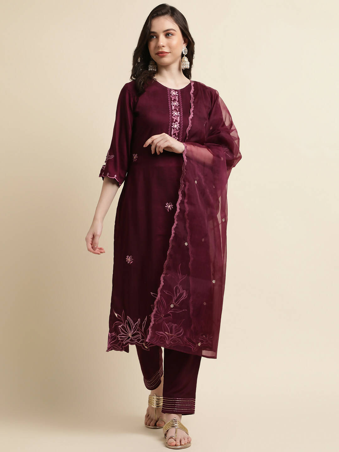 Purple Chinon Silk Embroidered Straight Kurta with Trouser & Dupatta - Salimar | Grocsy