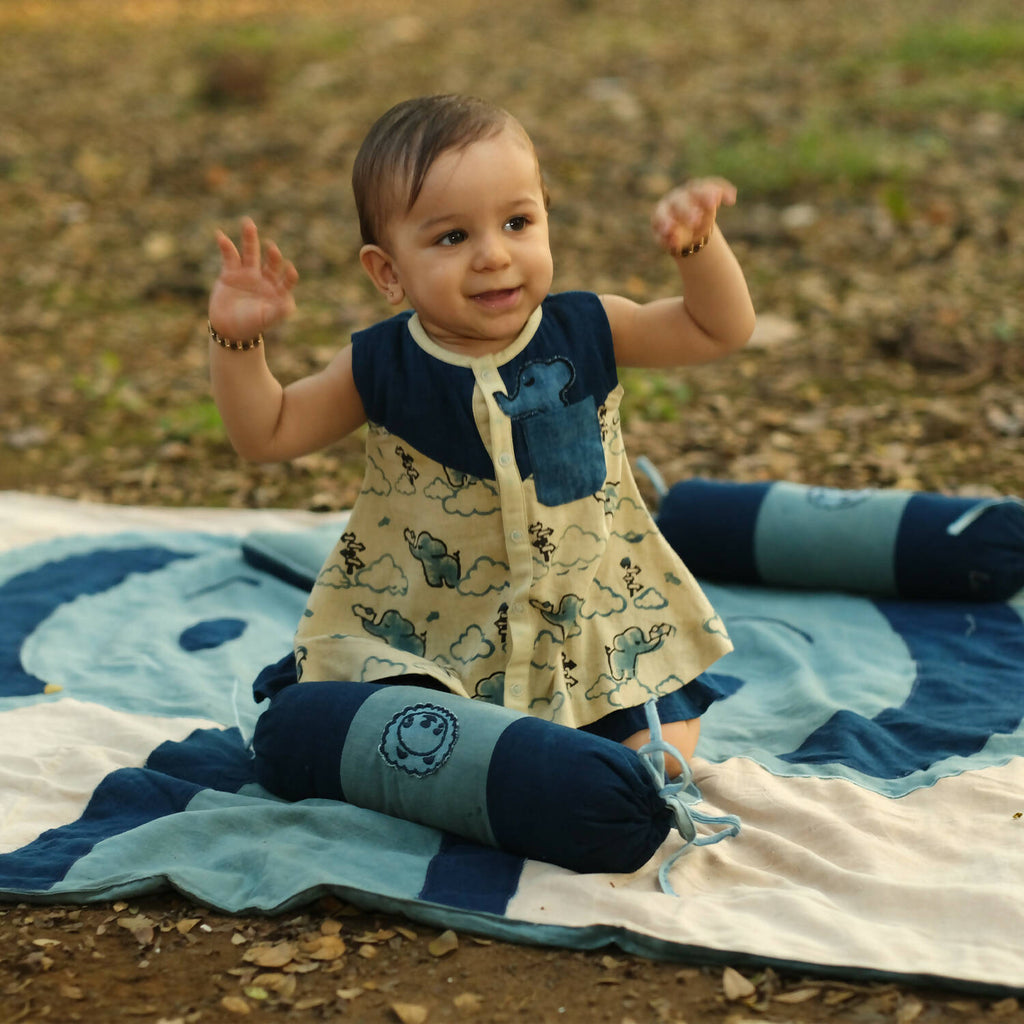 Mhyssa Blue And Beige A line Sleeveless Printed Dress And Skirt With Lining Set | Grocsy