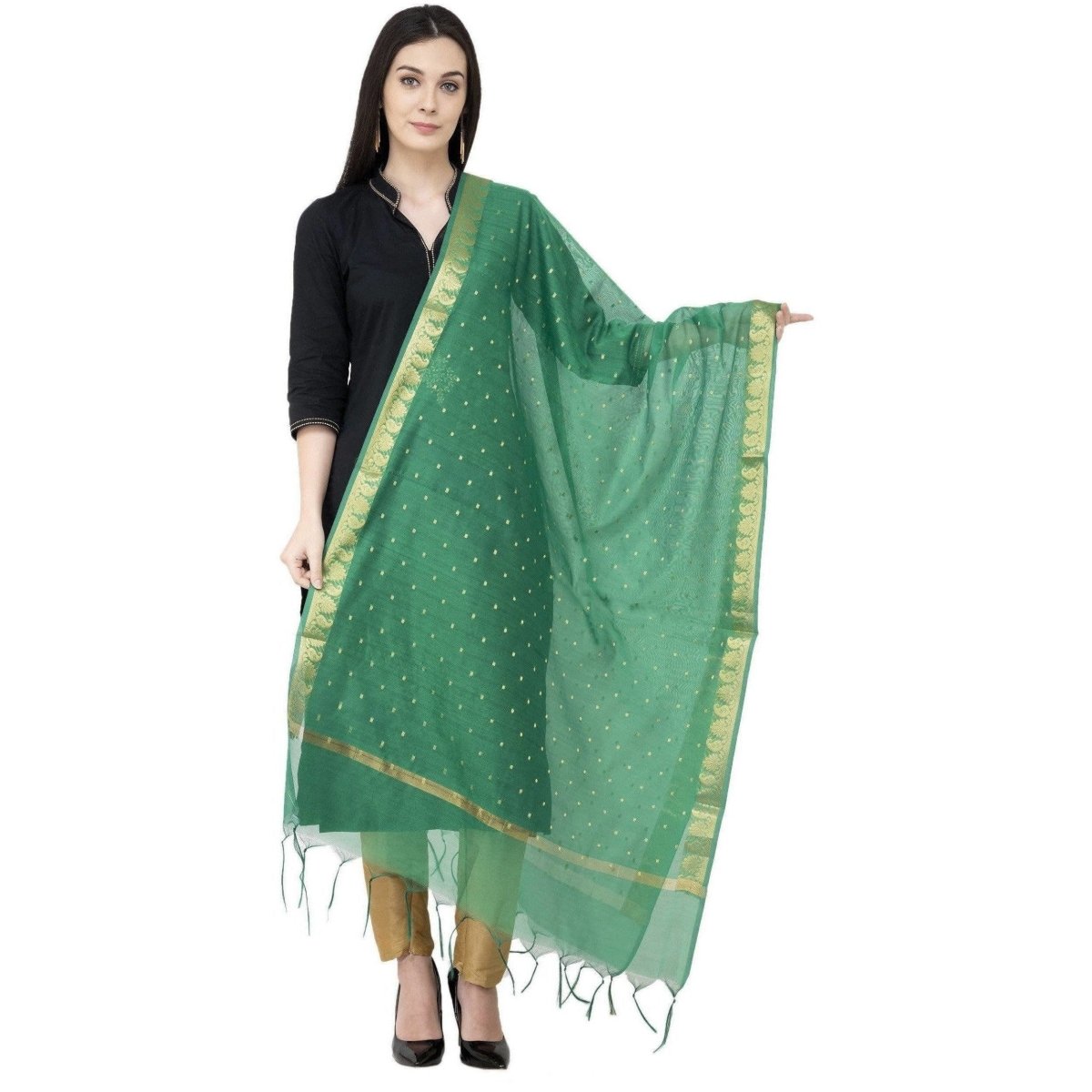 A R Silk VNS Border Buti Fancy Dupatta Green Color Dupatta or Chunni | Grocsy