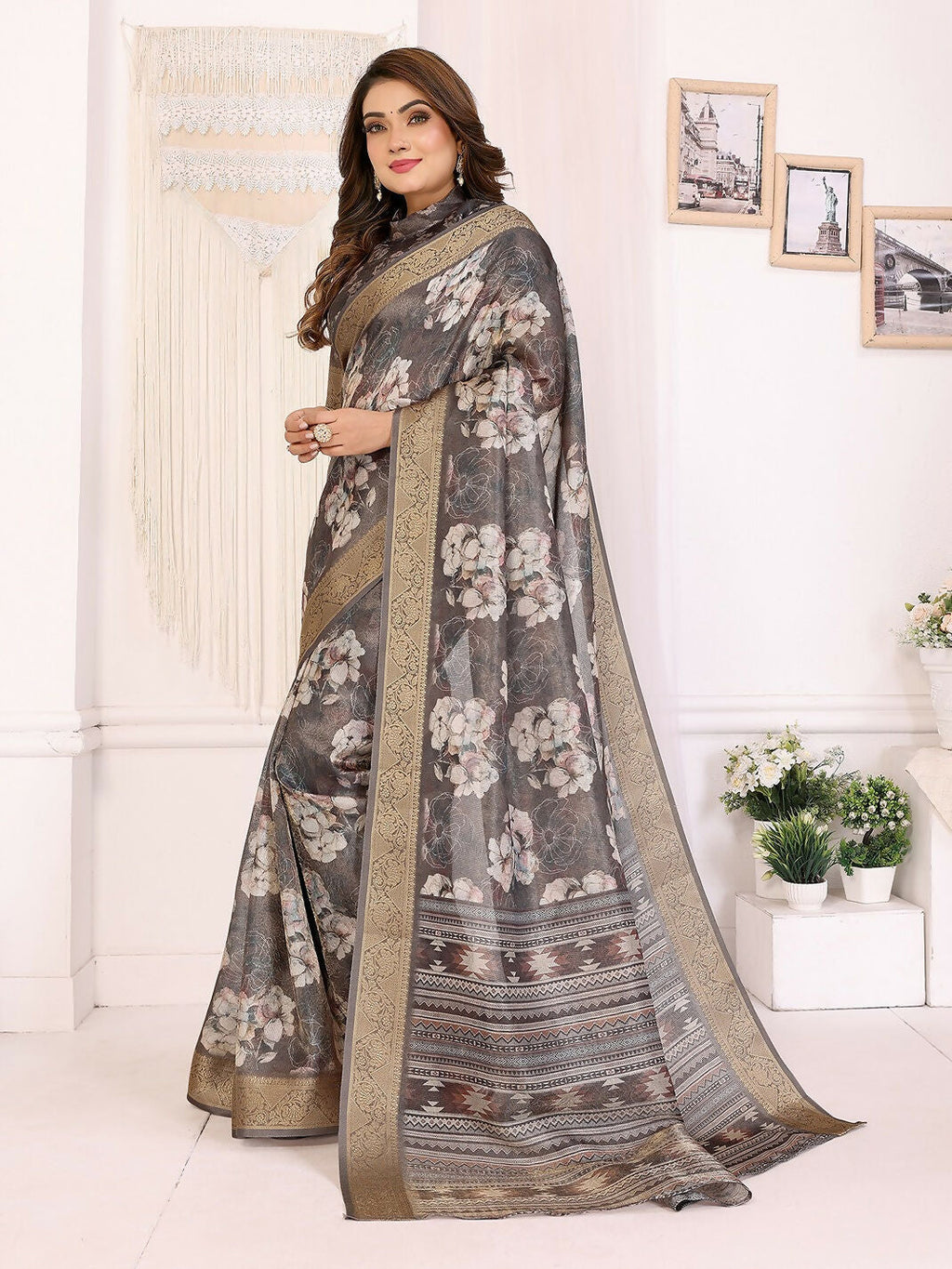 Joban Fashion Dark Grey Floral Print pattern Banarasi Silk Sarees | Grocsy