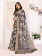 Joban Fashion Dark Grey Floral Print pattern Banarasi Silk Sarees | Grocsy