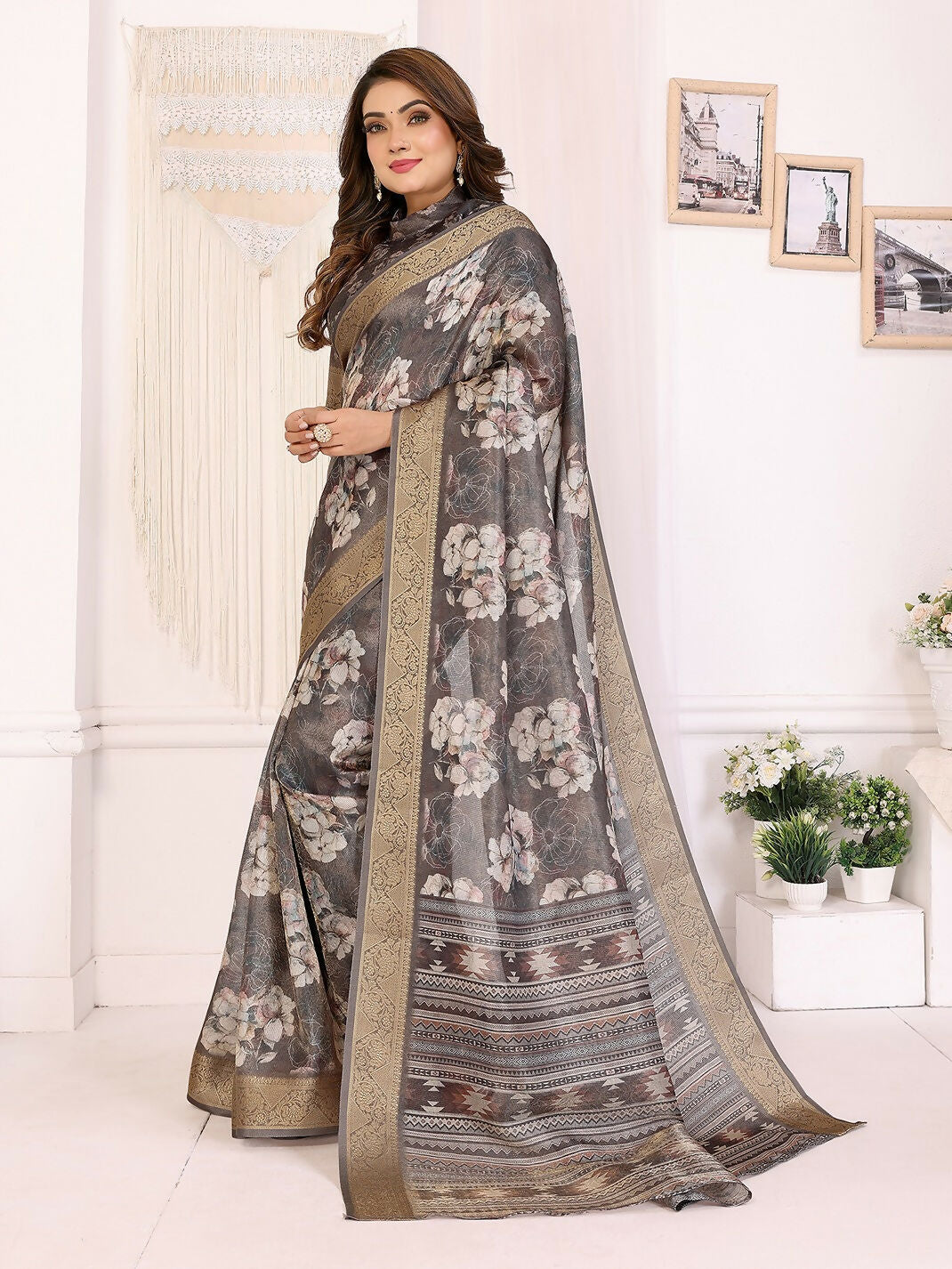 Joban Fashion Dark Grey Floral Print pattern Banarasi Silk Sarees | Grocsy
