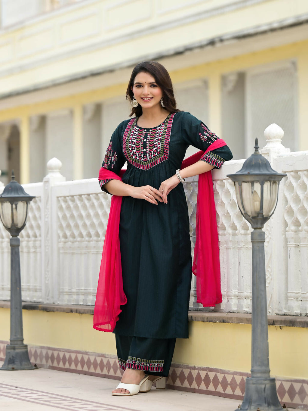 Juniper Women's Green Solid Nylon Kurta Pant With Dupatta Set With Thread & Mirror Work | Grocsy