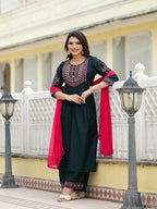 Juniper Women's Green Solid Nylon Kurta Pant With Dupatta Set With Thread & Mirror Work | Grocsy